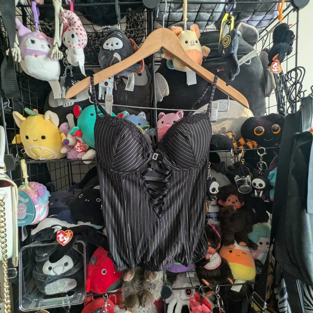 Black Pinstripe Lace Corset Bustier Top Gothic Y2K